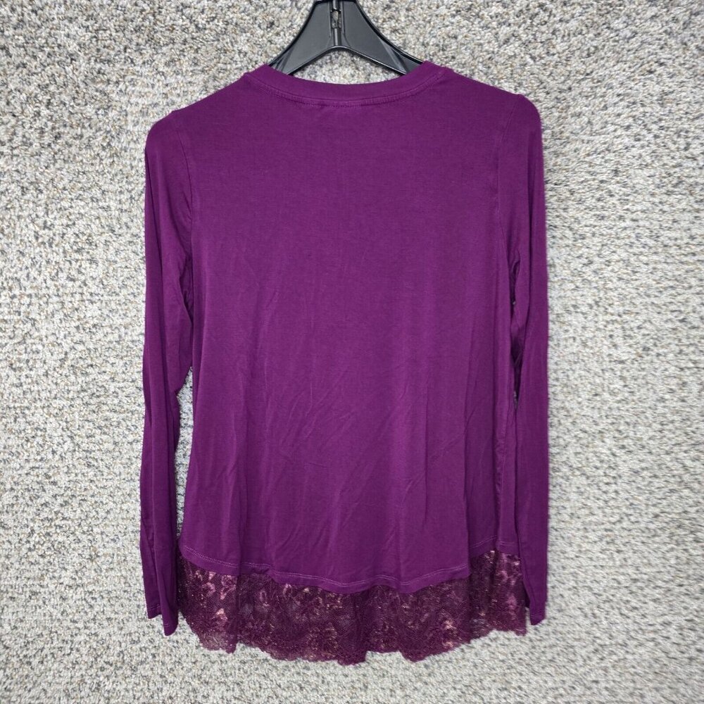 LOGO Lori Goldstein Cardigan Womens XS Purple Button Up Lace Trim Stretch Ladies - Picture 7 of 7